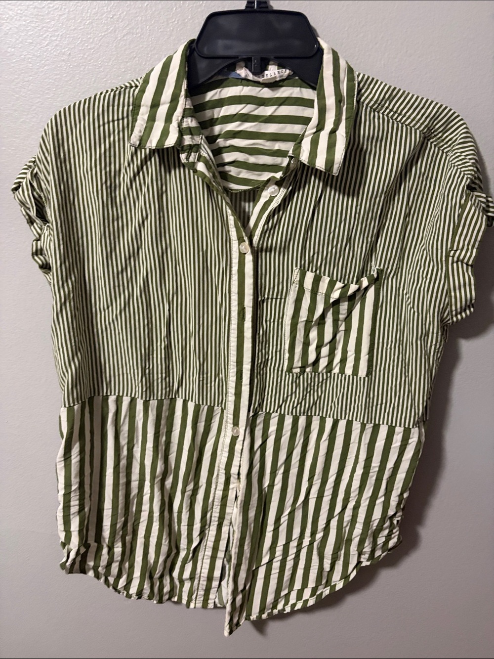 Jane and Delancey Green and White Striped Button-Front Blouse